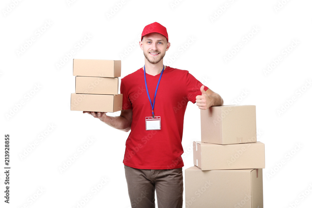 Delivery man with cardboard boxes on white background Delivery man with cardboard boxes on white background