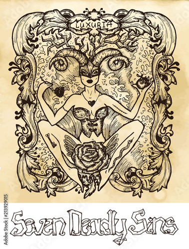 Lust. Latin word Luxuria means Passion, sexual desire. Seven deadly sins concept on texture vector background. Vector collection with frame. Hand drawn engraved illustration, tattoo and t-shirt design