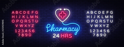 Pharmacy neon sign vector. Pharmacy 24 hours Design template neon sign, light banner, neon signboard, nightly bright advertising, light inscription. Vector Illustration. Editing text neon sign