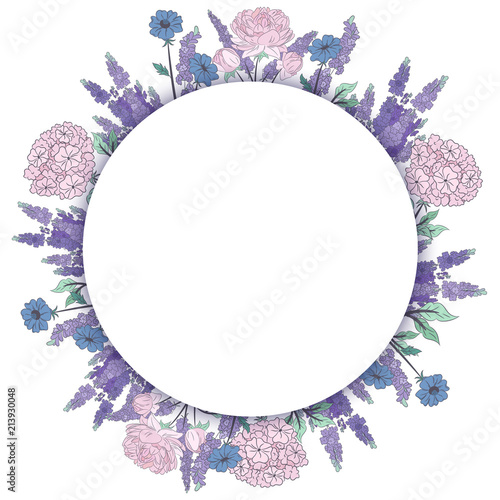 Fototapeta Naklejka Na Ścianę i Meble -  round template with lavender and peonies