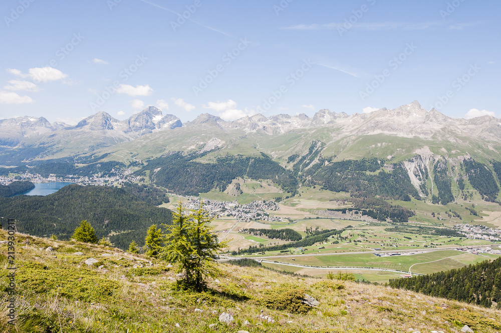 St. Moritz, St. Moritzersee, Muottas Muragl, Piz Julier, Piz Nair, Piz Ot, Seenplatte, Celerina, Oberengadin, Alpen, Graubünden, Sommer, Schweiz