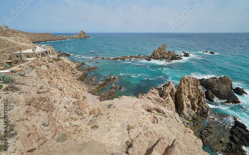 Rocky coast at the cape de Gata, the Mermaids Reef (Arrecife de las Sirenas), Cabo de Gata-Níjar natural park, Mediterranean sea, Almeria, Andalusia, Spain