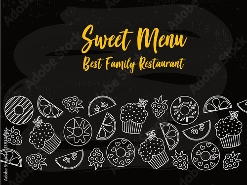 Menu cover typography poster template, text and food symbols, on chalkboard background. Vector illustration with foodstuff border, black and white, yellow title. Restaurant and cafe menu template.