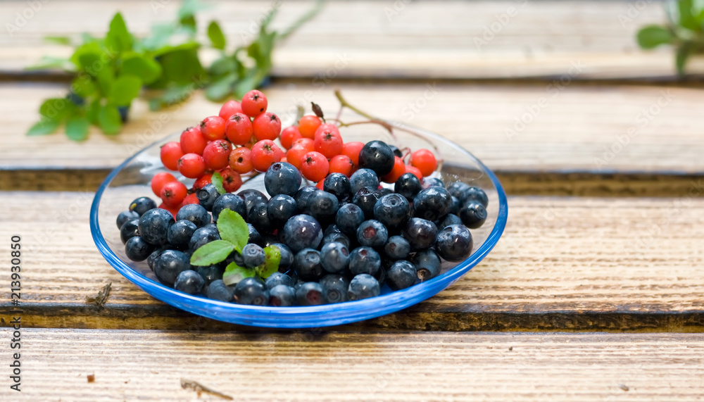 Blueberry and rowanberry lie on a plate on a table in the kitchen Blueberry and rowanberry lie on a plate on a table in the kitchen