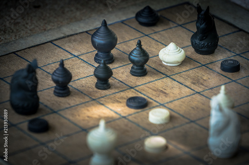 Thai Chess Figure on Wood Board  Tactics  and Strategy Concept
