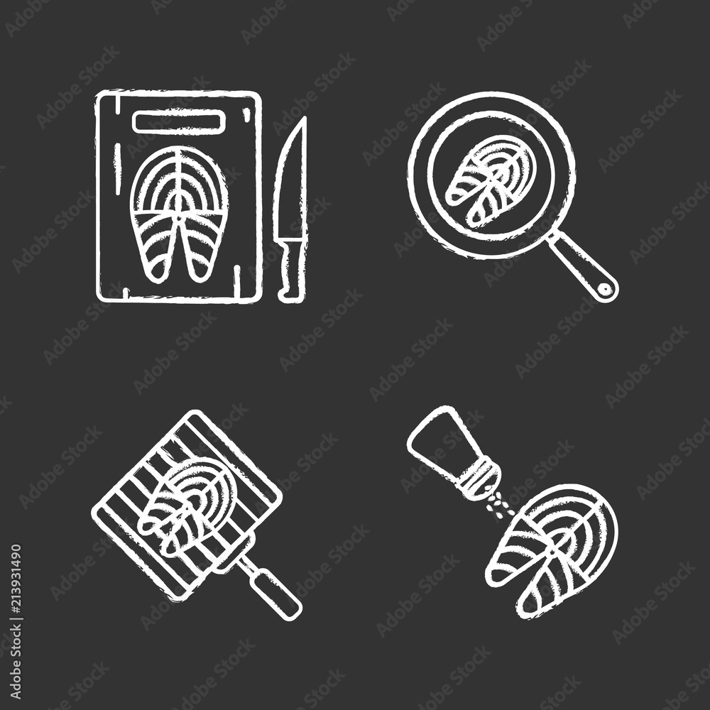 Fish preparation chalk icons set Fish preparation chalk icons set