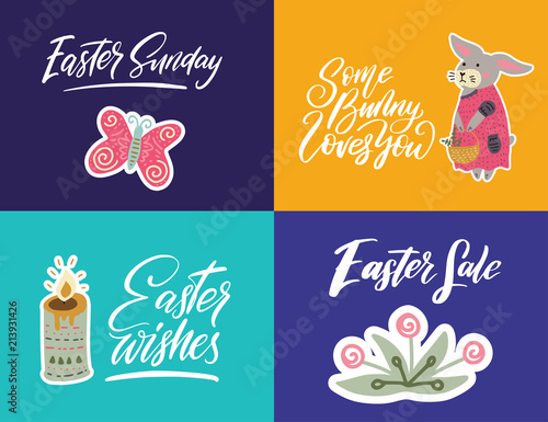Handdrawn Easter cards with cute illustrations. Handwritten lettering postcards.
