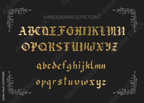 Blackletter gothic script hand-drawn font. Decorative vintage styled letters.