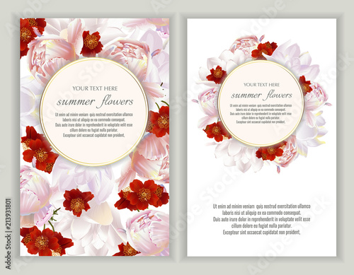 Vector banners set with peony and tulips flowers.Template for greeting cards, wedding decorations, invitation ,sales. Spring or summer design. Place for text.