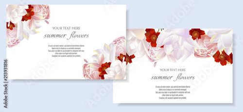 Vector banners set with peony and tulips flowers.Template for greeting cards, wedding decorations, invitation ,sales. Spring or summer design. Place for text.