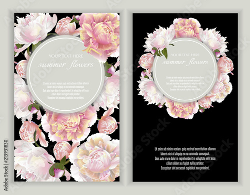 Vector banners set with peonies on black.Template for greeting cards, wedding decorations, invitation ,sales. Spring or summer design. Place for text.