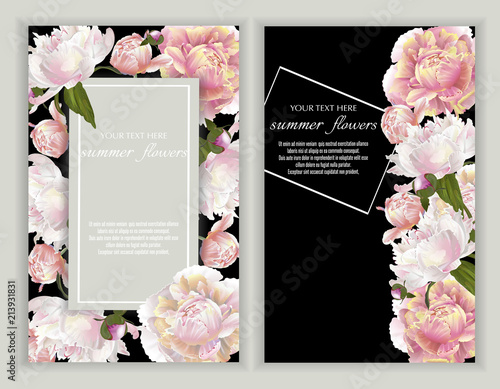 Vector banners set with peonies on black.Template for greeting cards, wedding decorations, invitation ,sales. Spring or summer design. Place for text.
