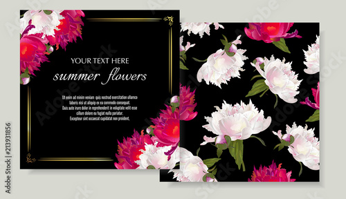 Vector banners set with peonies on black.Template for greeting cards, wedding decorations, invitation ,sales. Spring or summer design. Place for text.