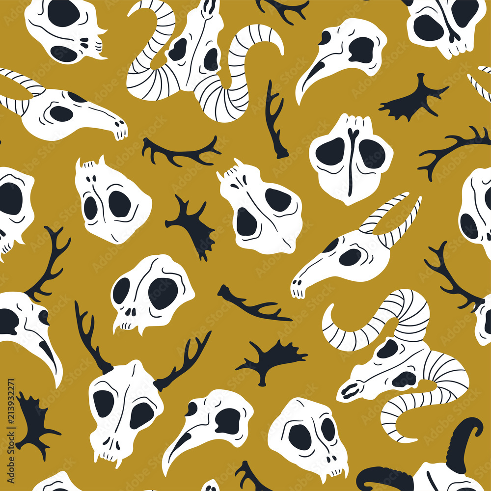 Obraz premium Vector seamless pattern with animal skulls. Halloween or Day of the dead design for fabric with cute skulls and horns.