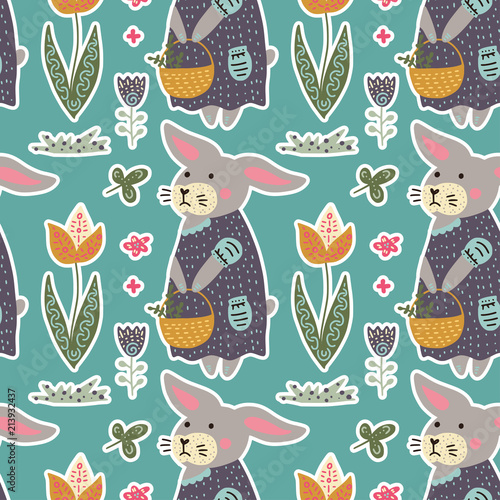 Seamless spring vector pattern with Easter bunny, tulips, Easter basket and eggs,