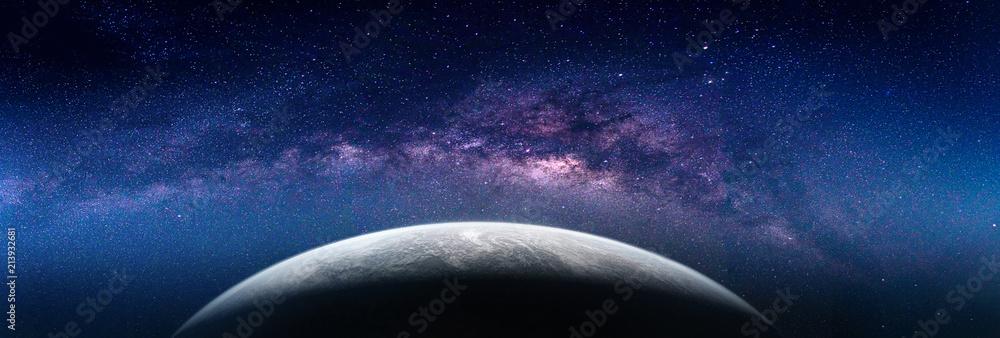 Obraz premium Krajobraz z galaktyką Drogi Mlecznej. Widok Ziemi z kosmosu z galaktyki Drogi Mlecznej. (Elementy tego zdjęcia dostarczone przez NASA)