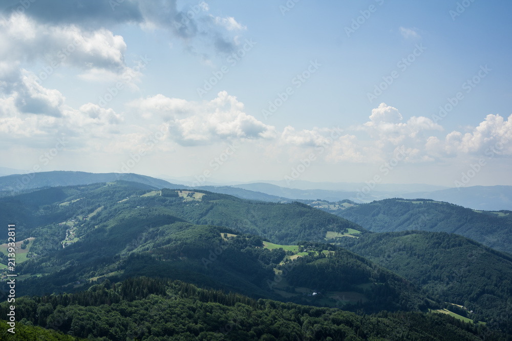 View and outlook from Velka Cantoryje hill, Silesian beskids, Czech Republic / Czechia and Poland - czech and polish mountains and beautiful nature. 