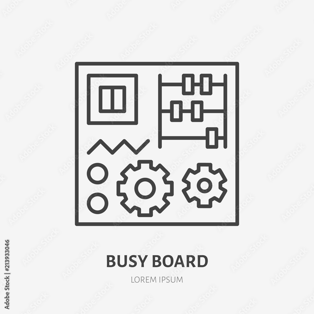 Busy board flat logo, early development baby toy line icon. Montessori education vector illustration. Sign for kids shop.