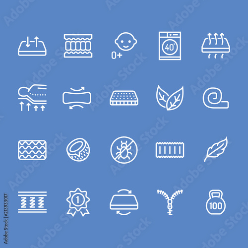 Orthopedic mattress flat line icons. Mattresses properties - anti dust mite, spine support, washable cover, breathable, memory foam, bedding illustrations. Pixel perfect 48x48. Editable Strokes.