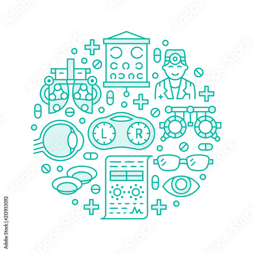 Ophthalmology, eyes health care circle porter with line icons. Optometry equipment, contact lenses, eye glasses, doctor, orb. Vision correction brochure signs for oculist clinic.