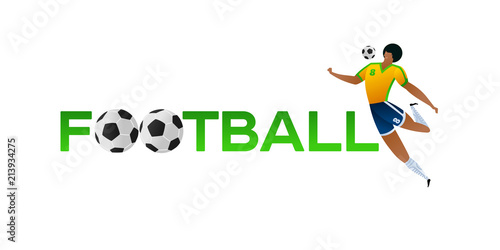 Soccer player against the background of the stadium. Lettering Football. Football player in campionship. Fool color vector illustration in flat style isolated on white background. photo