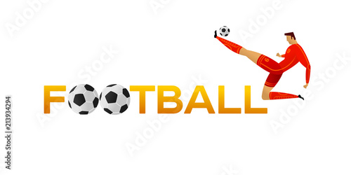 Soccer player against the background of the stadium. Lettering Football. Football player in campionship. Fool color vector illustration in flat style isolated on white background. photo