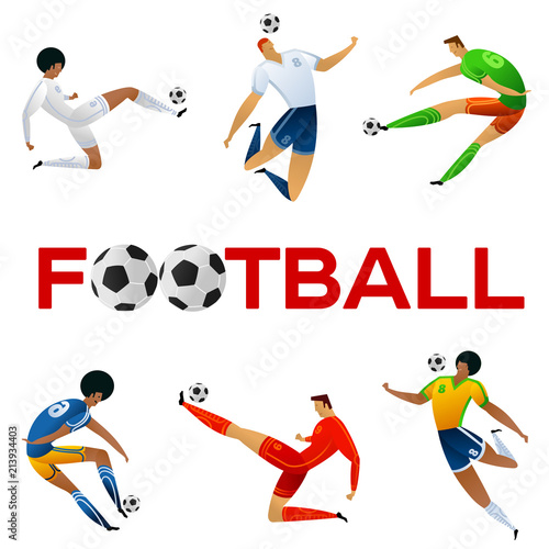 Soccer player against the background of the stadium. Lettering Football. Football player in campionship. Fool color vector illustration in flat style isolated on white background.