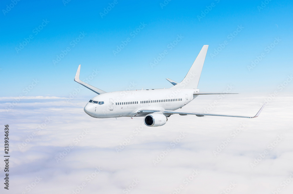 Airplane flies climbs height, flight level high in the sky above the clouds blue sky. Airplane flies climbs height, flight level high in the sky above the clouds blue sky.