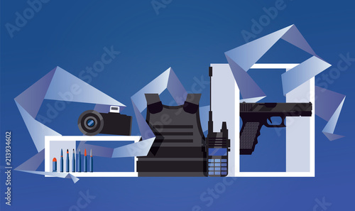Vector scene with military object like flak jacket, night-vision device, portable radio, pistol and bullets on blue background. Geometric graphic as decoration. Set good for army expo or forces banner