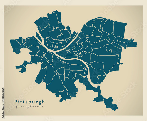Modern City Map - Pittsburgh Pennsylvania city of the USA with neighborhoods