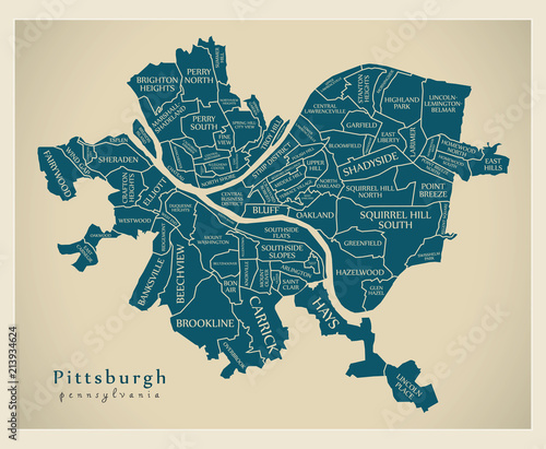 Modern City Map - Pittsburgh Pennsylvania city of the USA with neighborhoods and titles