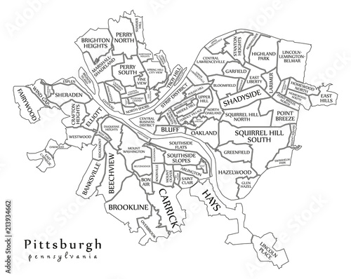 Modern City Map - Pittsburgh Pennsylvania city of the USA with neighborhoods and titles outline map