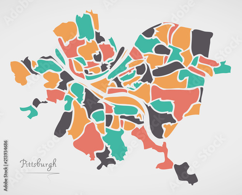 Pittsburgh Pennsylvania Map with neighborhoods and modern round shapes
