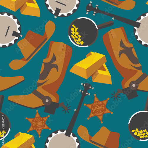 Wild west objects for gold rush or cowboy in seamless pattern on blue background. Flat wrangler boots, gold bar, puncher hat, banjo.