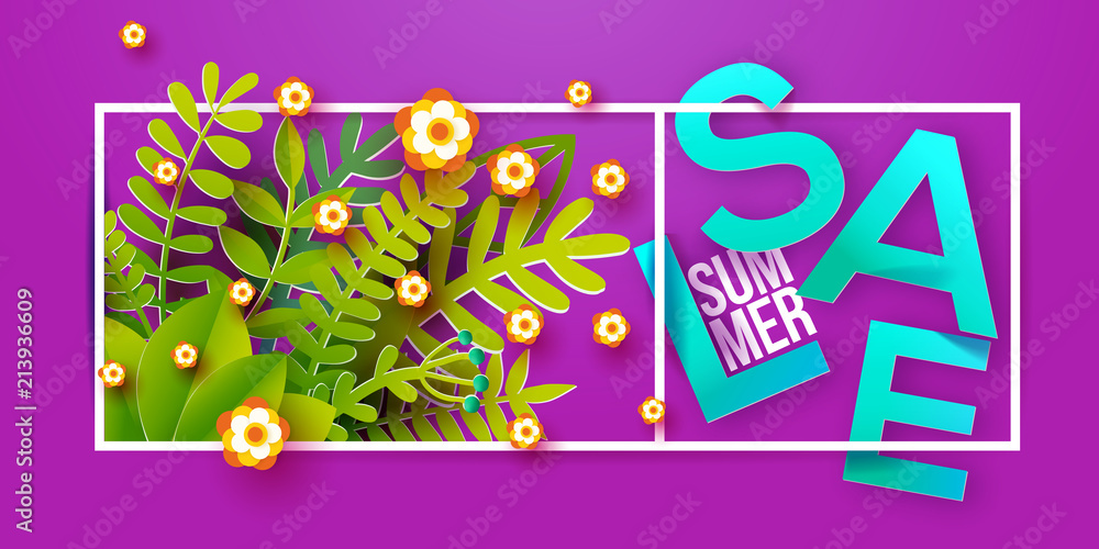 Summer sale web banner, purple background with paper art cut out leaves and flowers. Seasonal discount. Vector illustration. Stylish typography and calligraphy, material design.