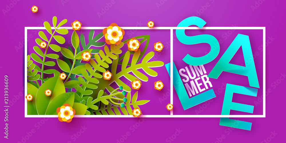 Fototapeta premium Summer sale web banner, purple background with paper art cut out leaves and flowers. Seasonal discount. Vector illustration. Stylish typography and calligraphy, material design.