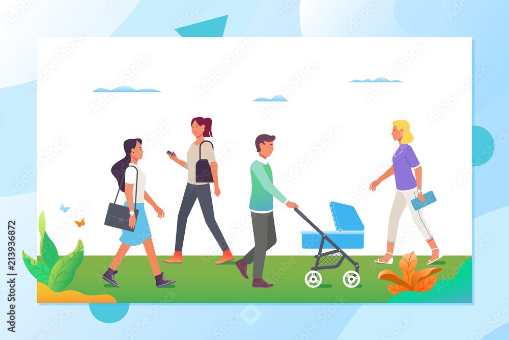 people walking in the city park.Vector cartoon active characters in various lifestyles in street people walking in the city park.Vector cartoon active characters in various lifestyles in street