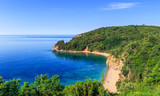 View from above on Adriatic sea coastline and Mogren beach at Montenegro, nature landscape, vacations to the summer paradise