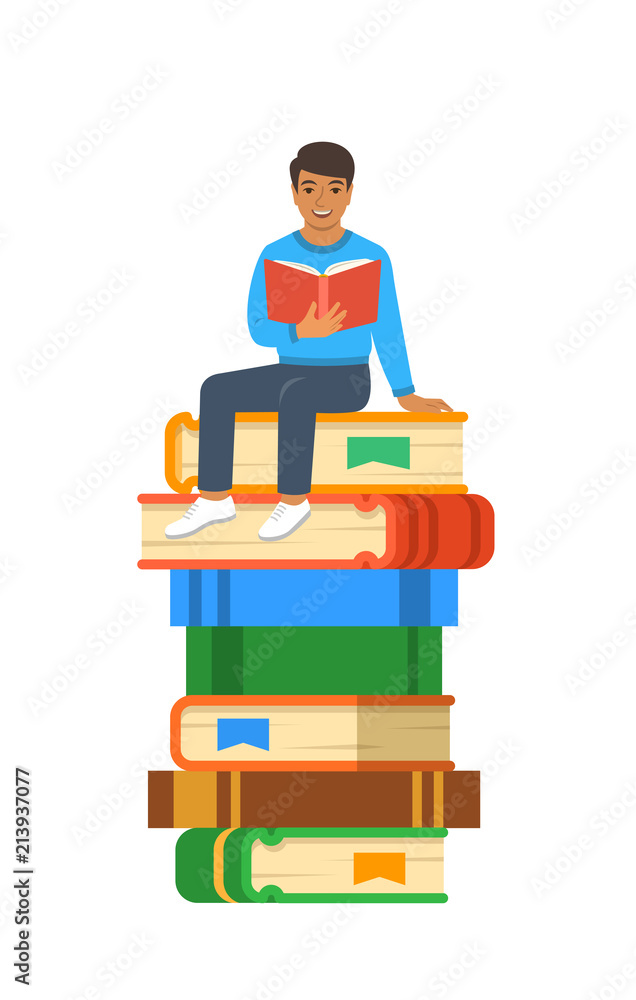 Young Indian boy student reads open book sitting on stack of giant books. High school education concept. Vector cartoon illustration. Exam preparation using paper book. Modern well-educated youth Young Indian boy student reads open book sitting on stack of giant books. High school education concept. Vector cartoon illustration. Exam preparation using paper book. Modern well-educated youth