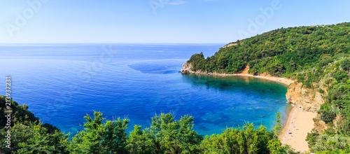 View from above on Adriatic sea coastline and Mogren beach at Montenegro, nature landscape, vacations to the summer paradise, panoramic view © O.Farion