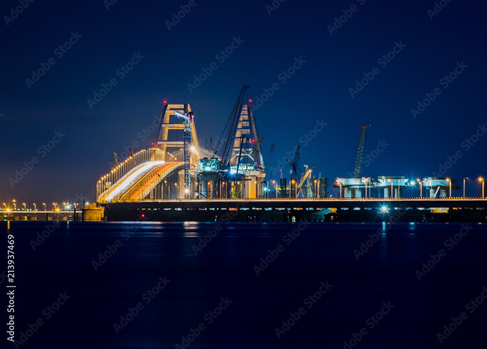 Construction of the Crimean bridge in Kerch Strait at night