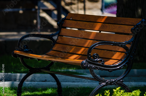 Single old-fashioned park bench in the summertime shade photo