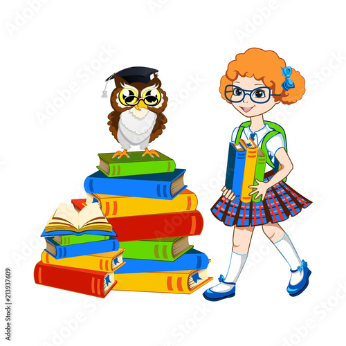 Cute schoolgirl with color books