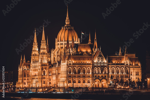 Night view of the illuminated building of the hungarian parliament in Budapest.