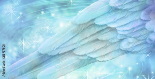 Fotografie Blue Angel wing background - section of a blue feather wing on a blue bokeh spar