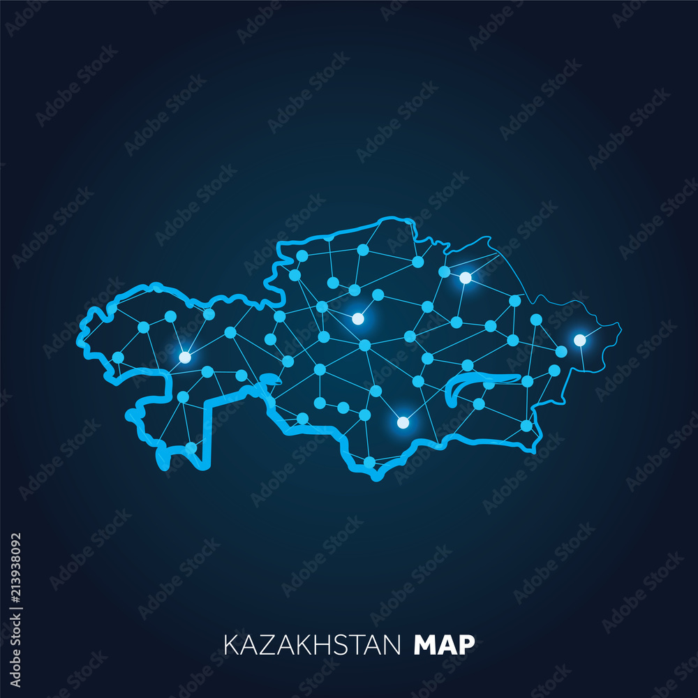 Map of Kazakhstan made with connected lines and glowing dots.