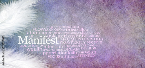 Manifest Abundance Word Cloud - two white feathers and a MANIFEST word cloud against a rustic purple subtle colored stone effect  background with copy space
