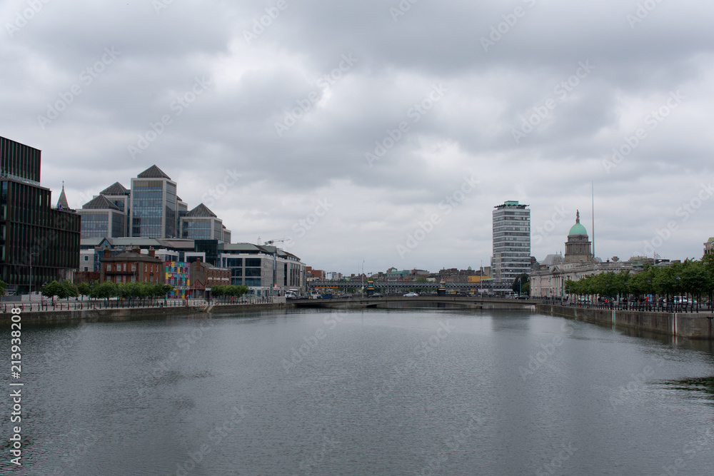 River Liffey, Georges Quay Plaza, Liberty Hall and Custom House in Dublin, Ireland