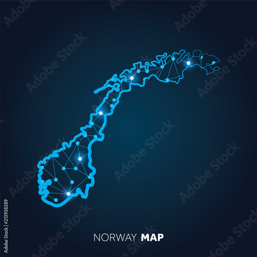 Map of Norway made with connected lines and glowing dots.