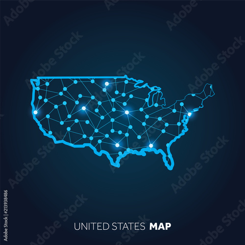 Map of United States made with connected lines and glowing dots.